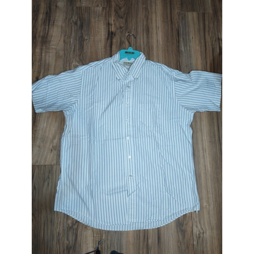 LL Bean Button Up Shirt Mens Large 17 White Blue Stripe Made in USA 100% Cotton